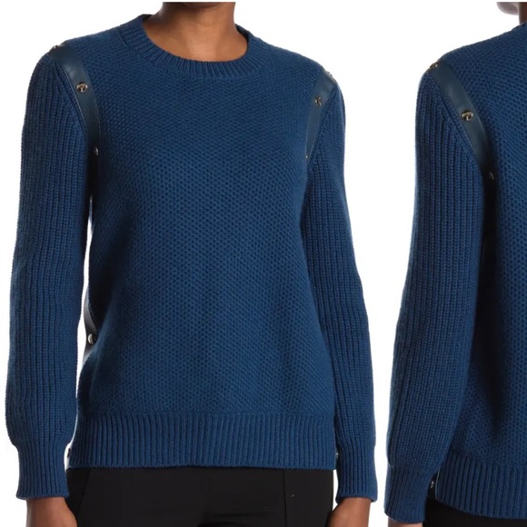 Salvatore Ferragamo Studded Leather Trim Cashmere Blend Blue Petrole Sweater L